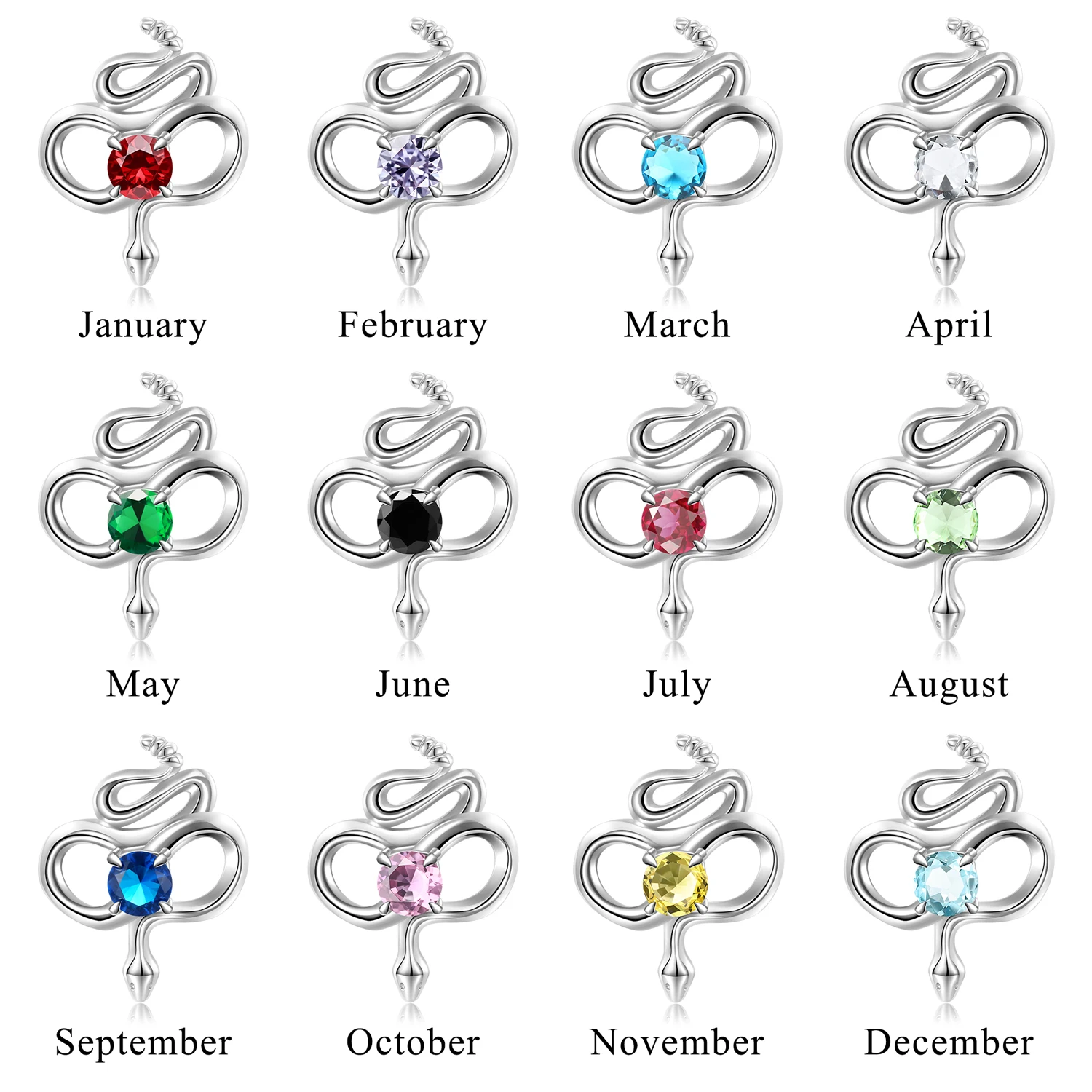 

STILLHOUSE 925 Sterling Silver Beads Infinite Snake Charms with 12 Stone Color Fit for Birthday Jewelry Gifts Women Girls