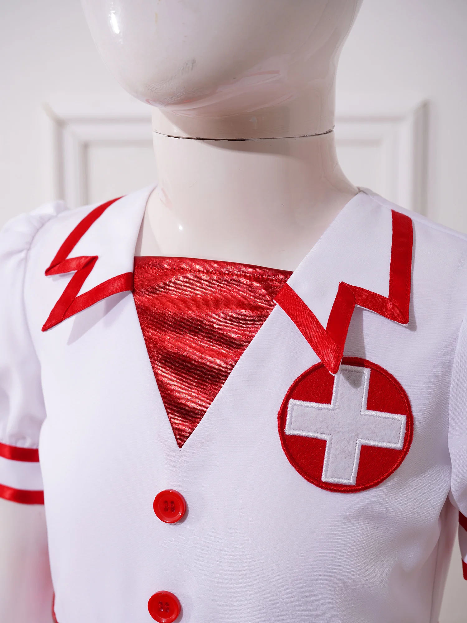 Kids Girls Nurse Costume Puff Sleeve Cross Patch Colorblock