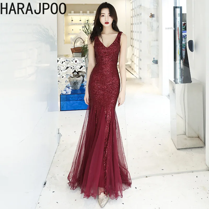 

Harajpoo Red Evening Dress Women 2024 New Banquet Style Sexy Night Aura Queen Wine Red Sequin Fishtail Long Vestidos