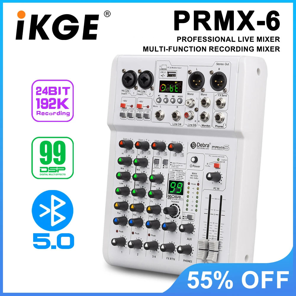 PRMX-6 Audio Mixer with 5.0 BT DJ Console 99 DSP Effects Portable Mixing Console for Live Performance Recording Studio audio mixer