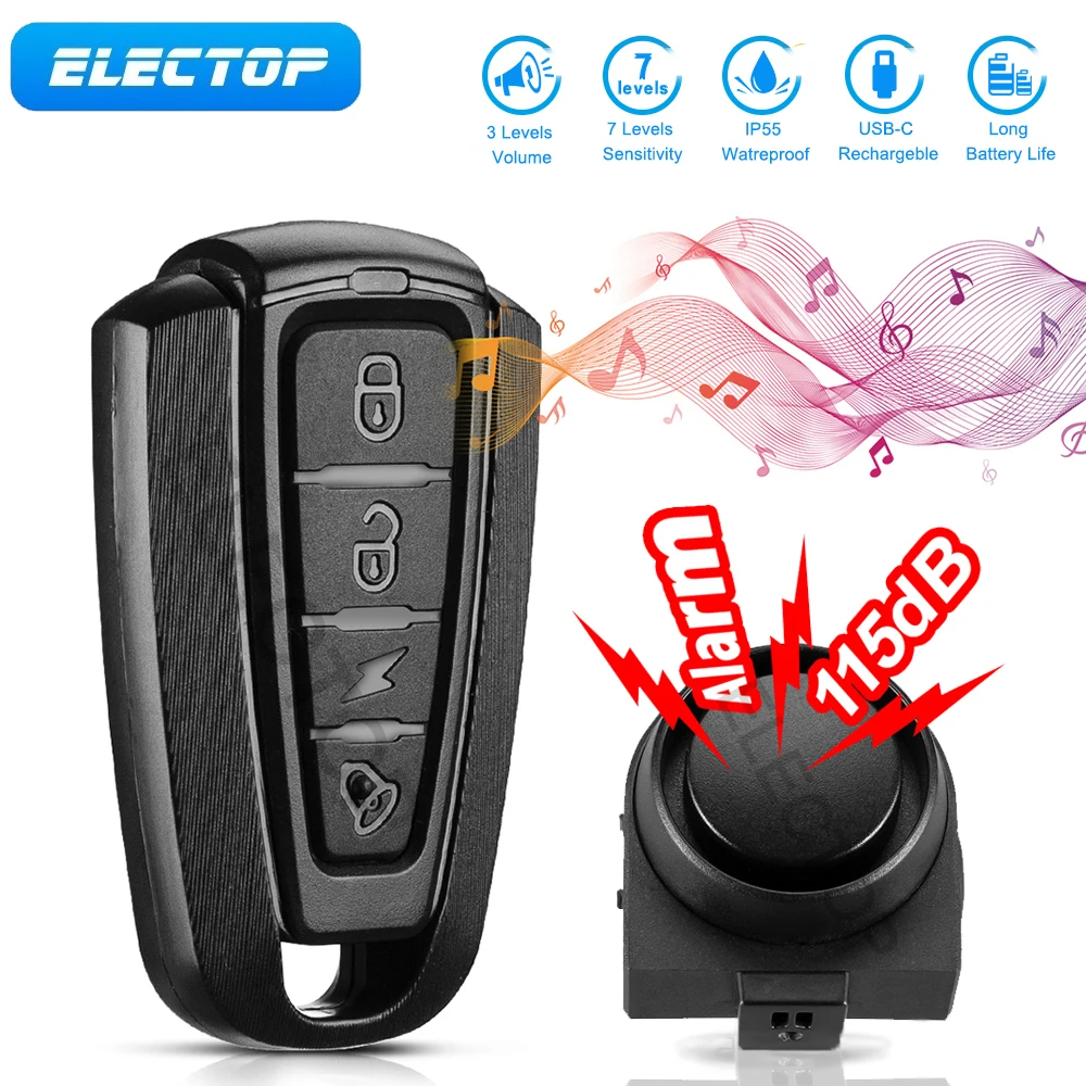 ELECTOP Wireless Bicycle Vibration Alarm IP55 Waterproof Motorcycle Alarm USB Charging Remote Control Anti-theft Alarms System