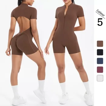 Women's Seamless Yoga Jumpsuits Sports Fitness Zipper Open Beauty Back Hip-lifting One-Piece Running Training Workout Bodysuits 1