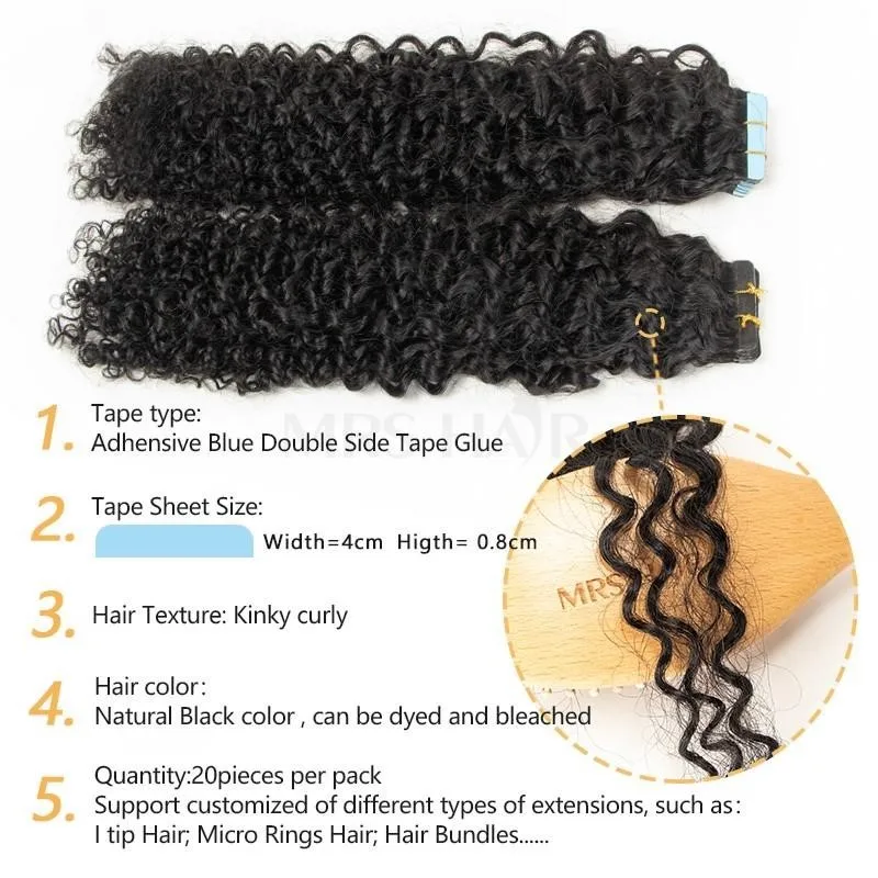 MRS HAIR Tape In Hair Extensions Deep Curly Human Hair Skin Weft Kinky Curly Tape 12-24inch Natural Black Remy 20pcs/Pack