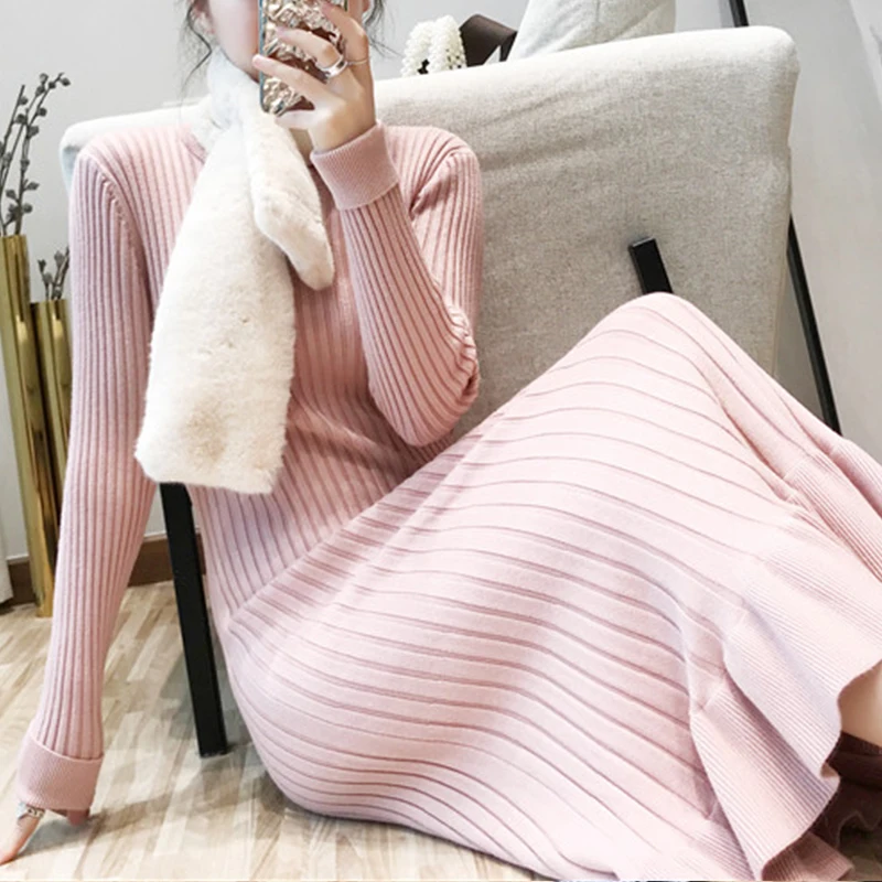 

2022 Elegant Pink Long Knitted Dress Female Autumn O-neck Winter Clothing Korean Sweater Dresses Vestido Female Chic