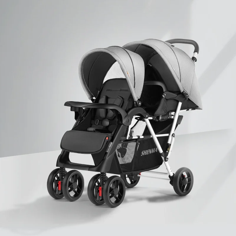Luxury Double Stroller Folding Portable Twin Baby Stroller Lying Seating Shock Absorption Newborn Double Seat