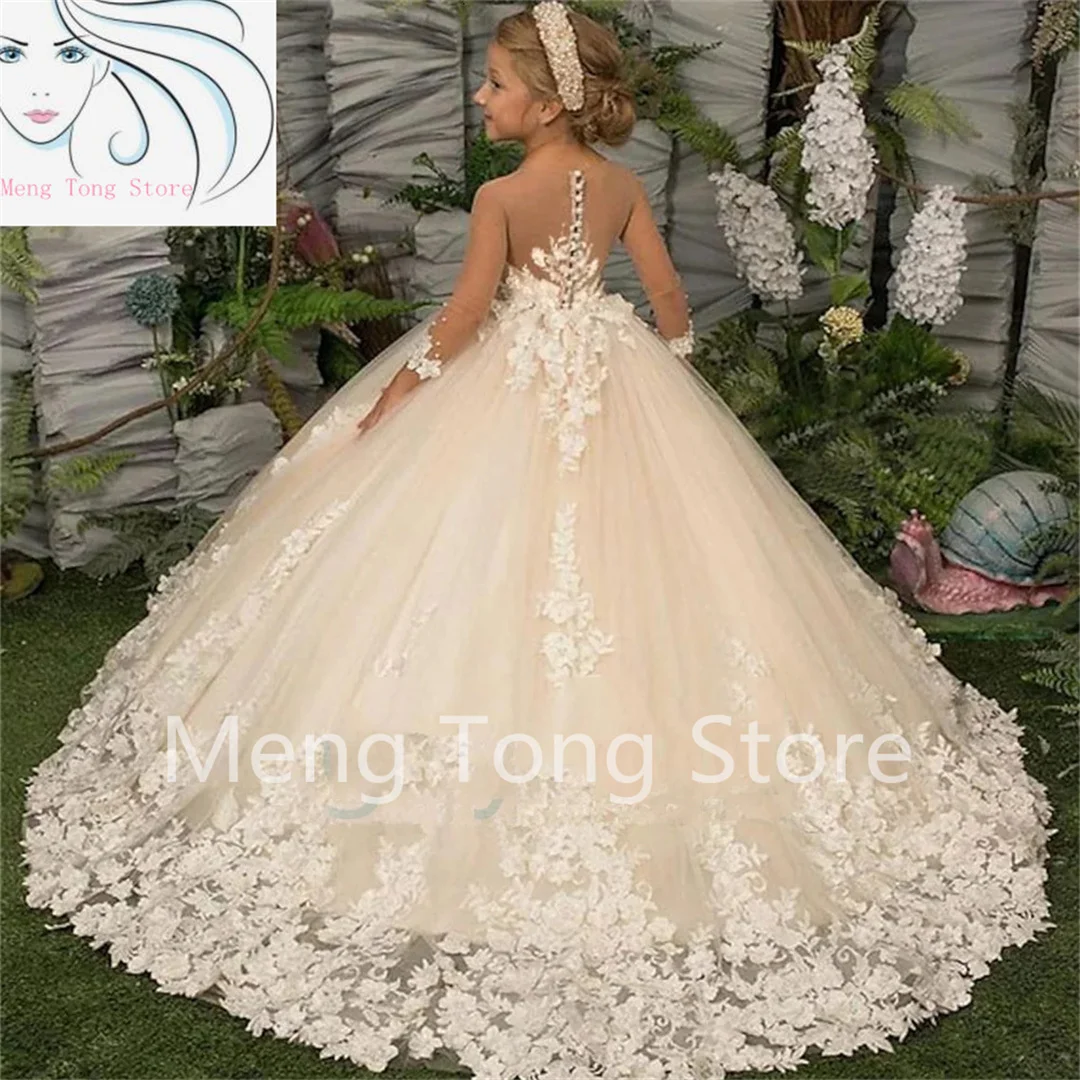 Elegance Flower Girl Dress Three Quartersleeve Appliqu&eacute; Children Wedding Party Gowns New Kids Clothes Princess First Communion