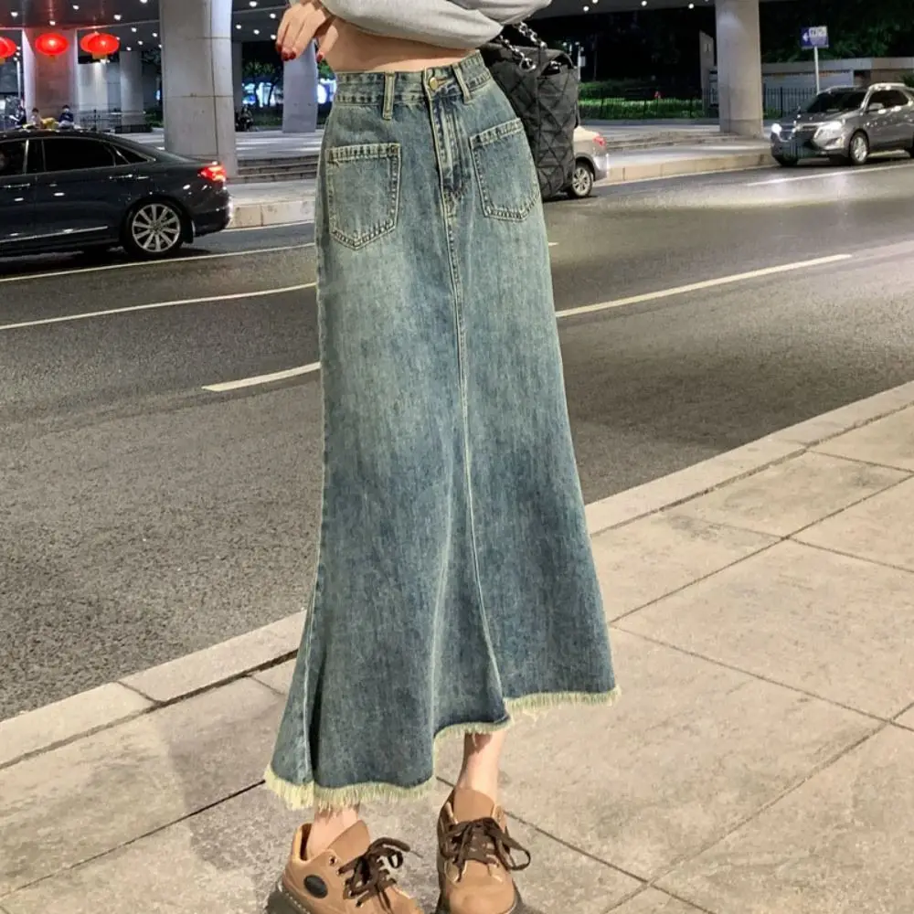 Classic High Waist Denim Skirt Women Retro Solid Color High Waist Long Skirt Loose Chic A-line Half Dress Girl