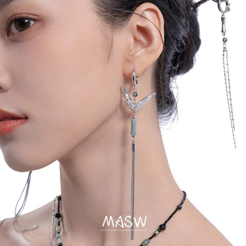 MASW Original Design Vintage Temperament High Quality Brass Bird Red Crowned Crane Dangle Earrings For Women Jewelry Gift