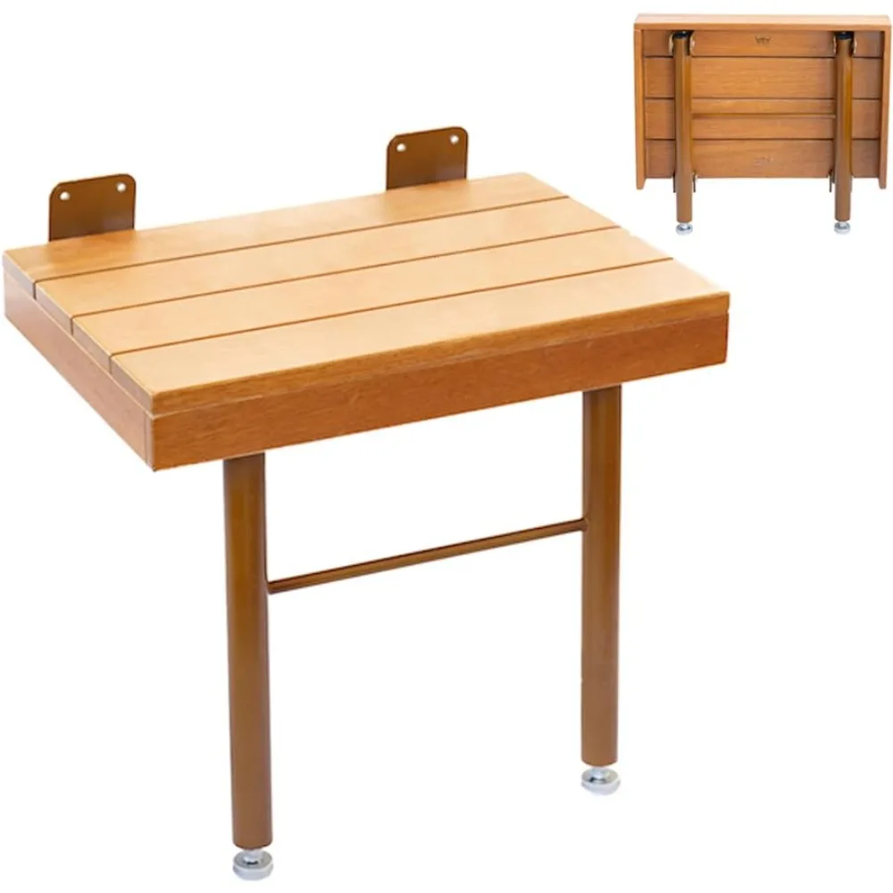 

Solid teak folding shower seat wall mounted 14 inches deep x 20.5 inches wide x 18.5 inches high free shipping