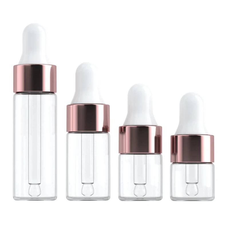 

10/50/100pcs Mini Dropper Bottles Glass Empty Essential Oil Aromatherapy Bottles Rose Gold Cap Pipettes Bottles 1ml 2ml 3ml 5ml