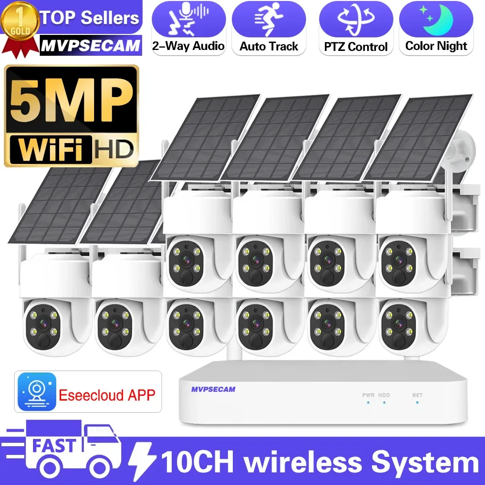 

10CH 5MP WiFi NVR 4MP Solar Powered Wireless Camera Kit Remote Access Built-in Battery Low Power Consumption Network CCTV Camera