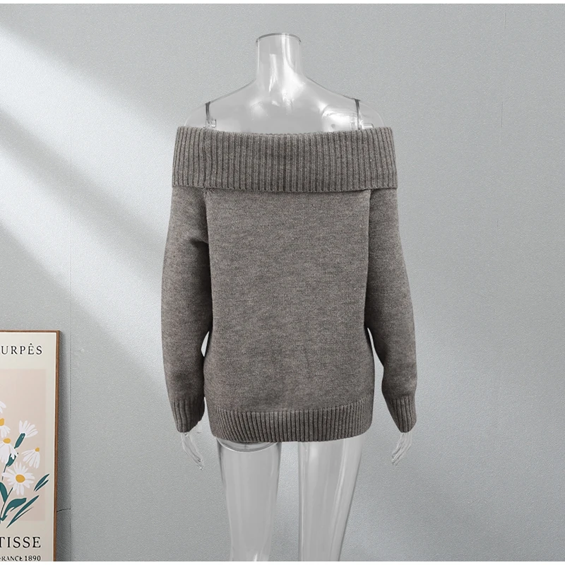 S07fb581fd2d548a6abcfe7c6a28dc15ey Fashion Sexy Solid Off Shoulder Female Jumpers Casual Slash Neck Long Sleeve Sweater Autumn Ladies High Street Knitwear Mallzona