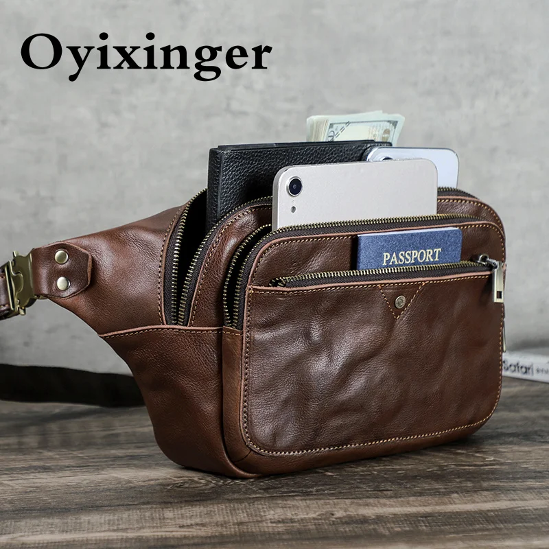 OYIXINGER Genuine Leather Fanny Packs For Men Waist Pack Men's Belt Bag 2024 Luxury Designer Phone Bags Male Crossbody Chest Bag