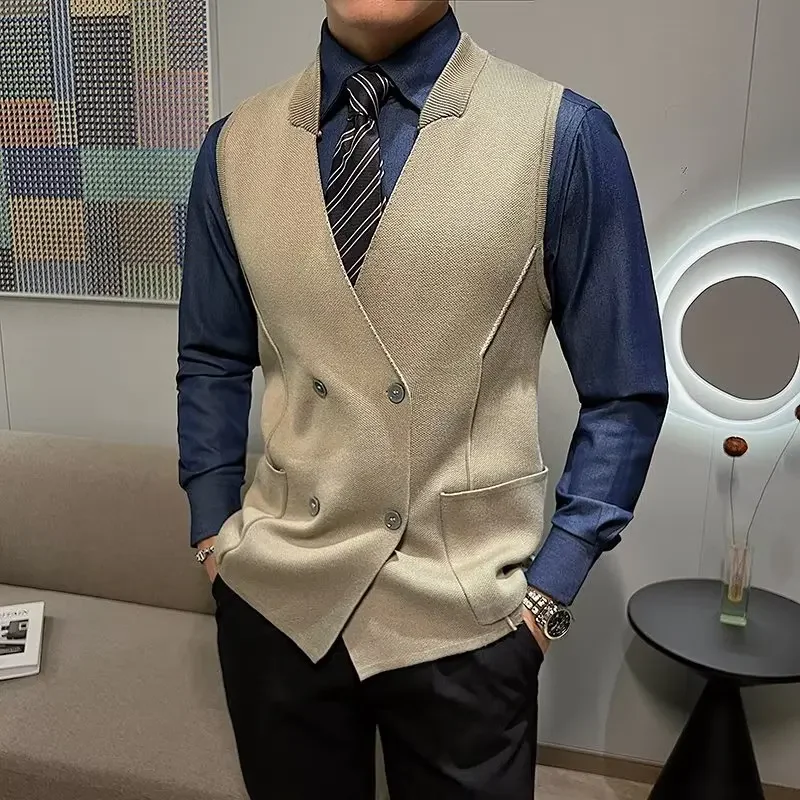 Autumn Winter Men Sleeveless Knitted Vest British Style Double Breasted Male Waistcoat Party Business Slim Fit Chaleco Hombre 2