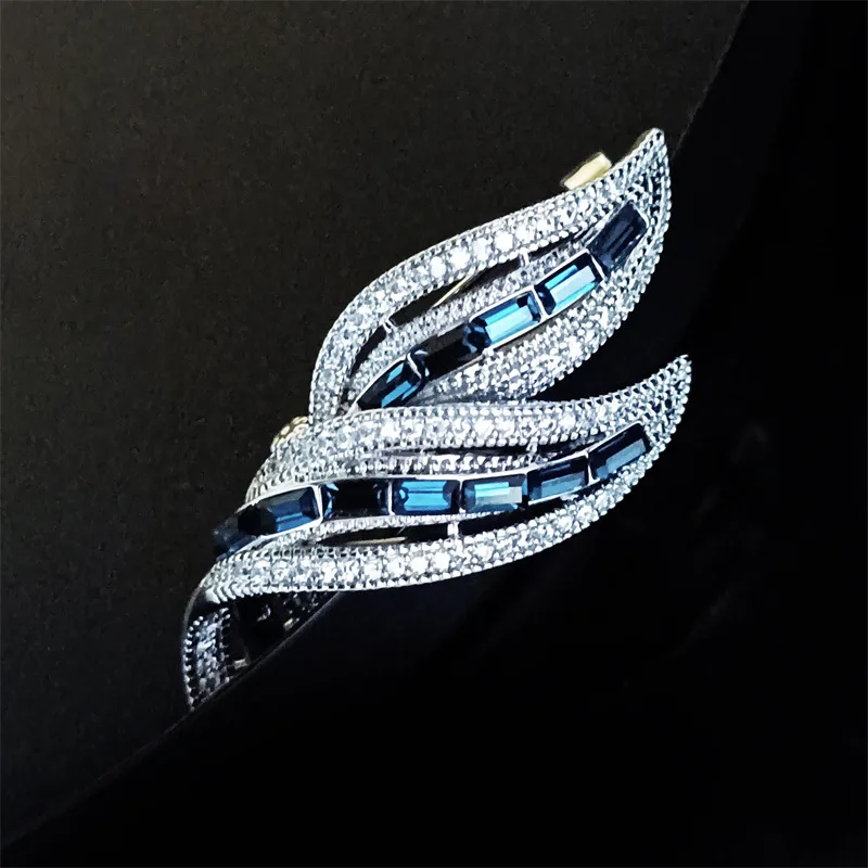 Fashionable Blue Square Zircon Orchid Leaf Brooch for Women's High-end Exquisite Plant Leaf Corsage Suit Decoration Pins