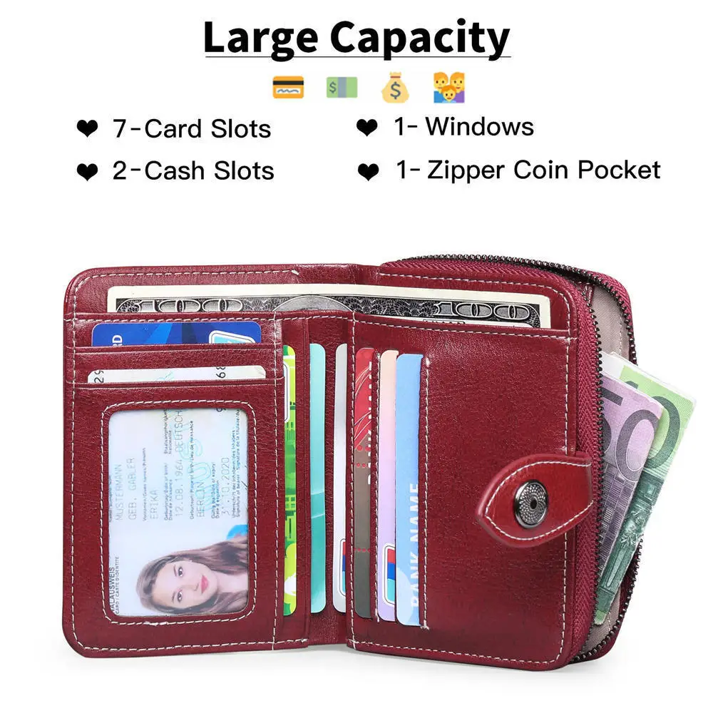 Women Vintage Oil Wax Leather Short Wallet Zipper Small Coin Pouch Two-fold Hasp Mini Purse Card Holder Ladies Fashion Clutch 5
