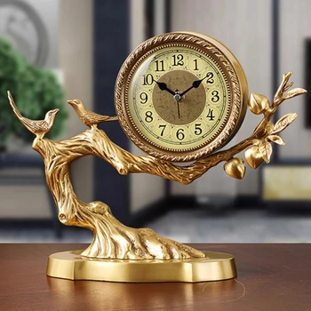 New Chinese Style Brass Table Clock Ornament Living Room Decorative Clock Desktop Home Vintage Sitting Clock