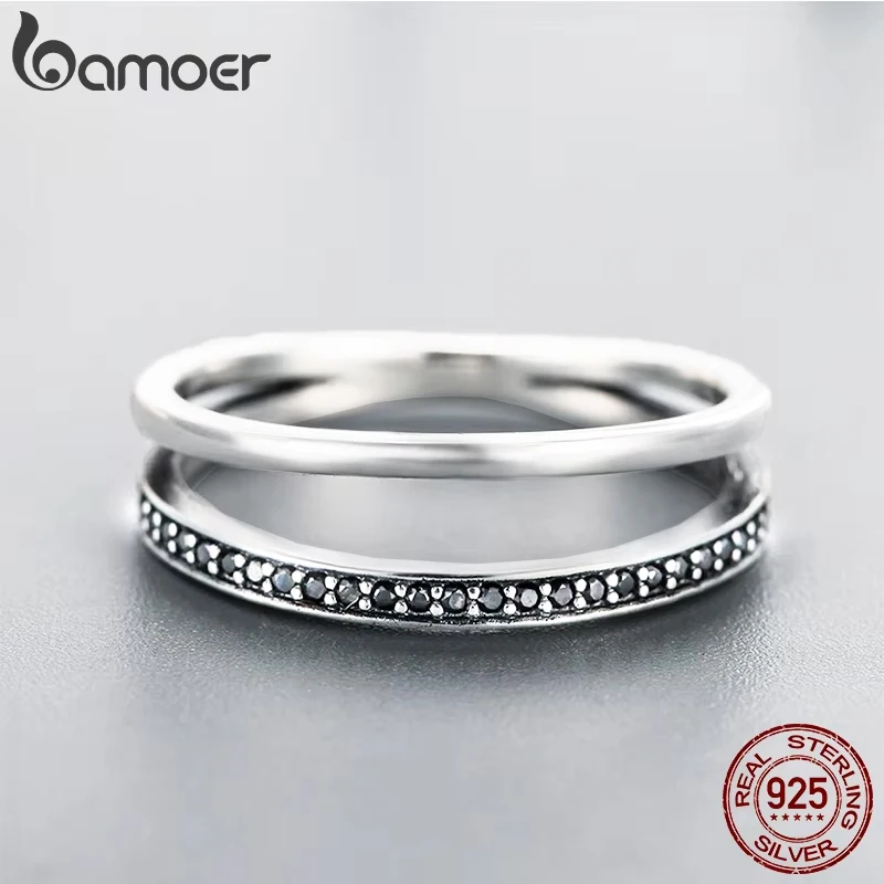 Bamoer 925 Sterling Silver Double Circle CZ Stackable Finger Ring for Women Silver Rings Silver Ring