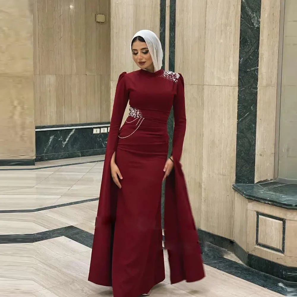 

New Burgundy Sheath Muslim Prom Dresses O Neck Long Sleeve Arabic Dubai Formal Party Gown Beaded Floor Length Vestidos De Fiesta