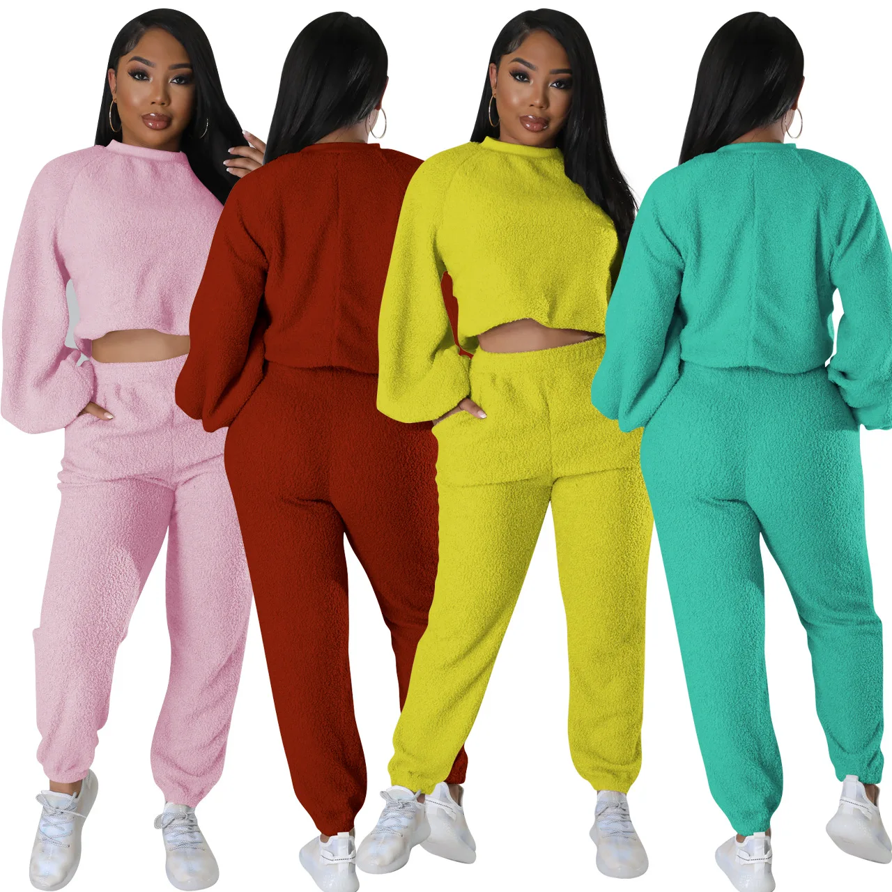 

Winter Casual Pants Set 2 Piece Sets Womens Outfits Solid Color Velvet Shirt + Long Pants Streetwear Sportsuit Clothes For Women