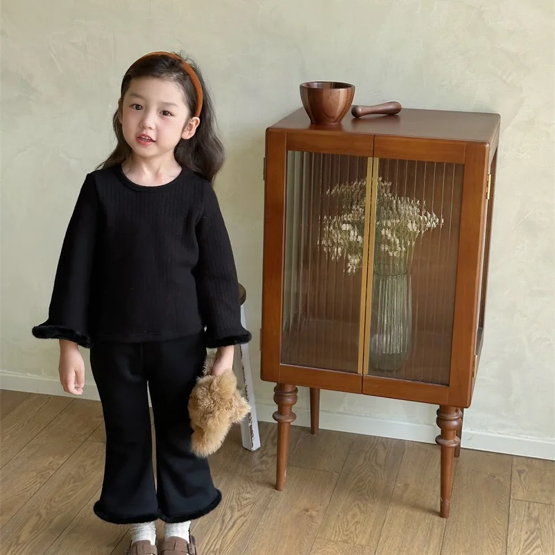 

Girls Clothes Suit Girl Plus Fleece Thickened Bottom Coat Flared Pants Two Sets 2023 Winter New Korean Style Girl Clothes Set
