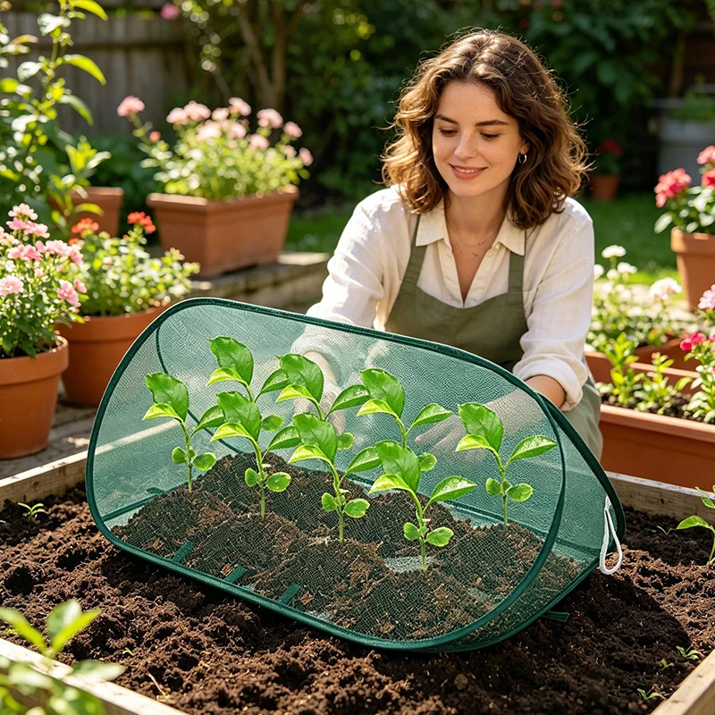 Green Triangular Garden Plant Pop-up Cover with Breathable Mesh for Vegetable and Flower Protection