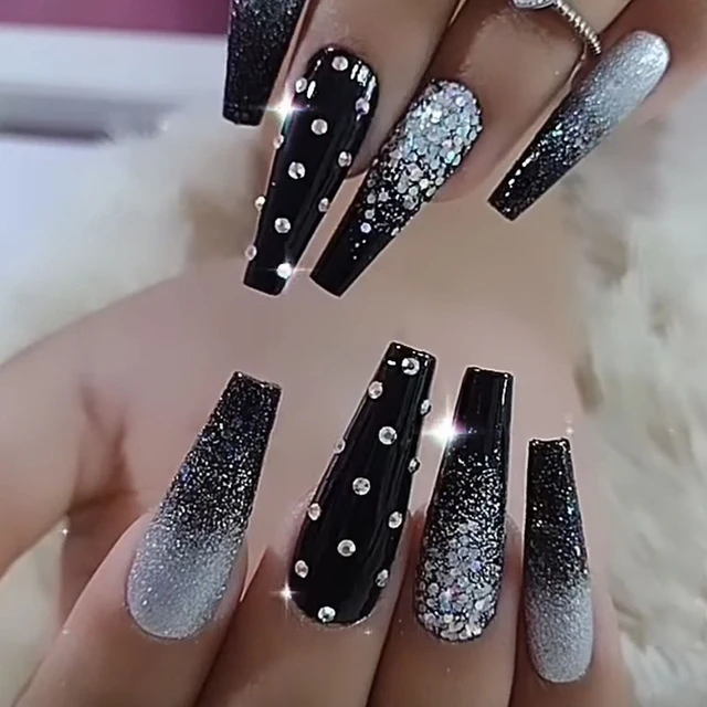 3D Rhinestones Silver Gradient Fake Nails Glitter False Nail Press