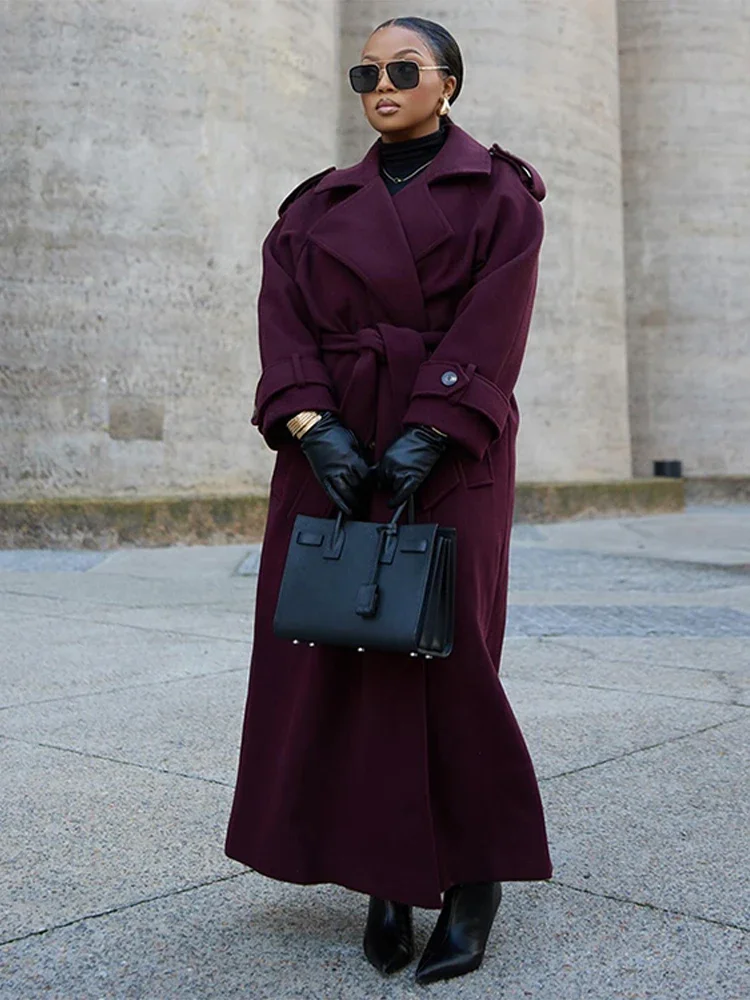 Elegant Burgundy Woolen Coat With Belt Women Lapel Full Sleeve Double Breasted Lady Overcoat 2024 Autumn Winter Female Outwear 2