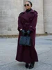 Elegant Burgundy Woolen Coat With Belt Women Lapel Full Sleeve Double Breasted Lady Overcoat 2024 Autumn Winter Female Outwear 2