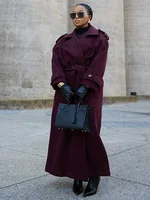 Elegant Burgundy Woolen Coat With Belt Women Lapel Full Sleeve Double Breasted Lady Overcoat 2024 Autumn Winter Female Outwear 2