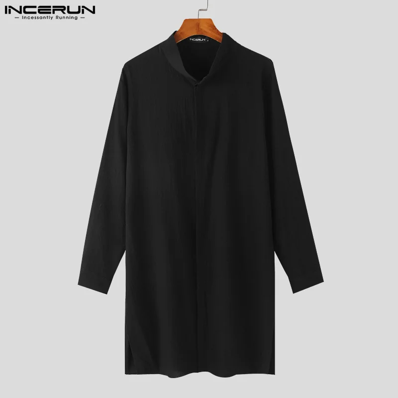 INCERUN 2023 Muslim Style Men's Solid Color Shirts Leisure Streetwear Hot Sale Patchwork Standing Neck Long Sleeved Blouse S-5XL