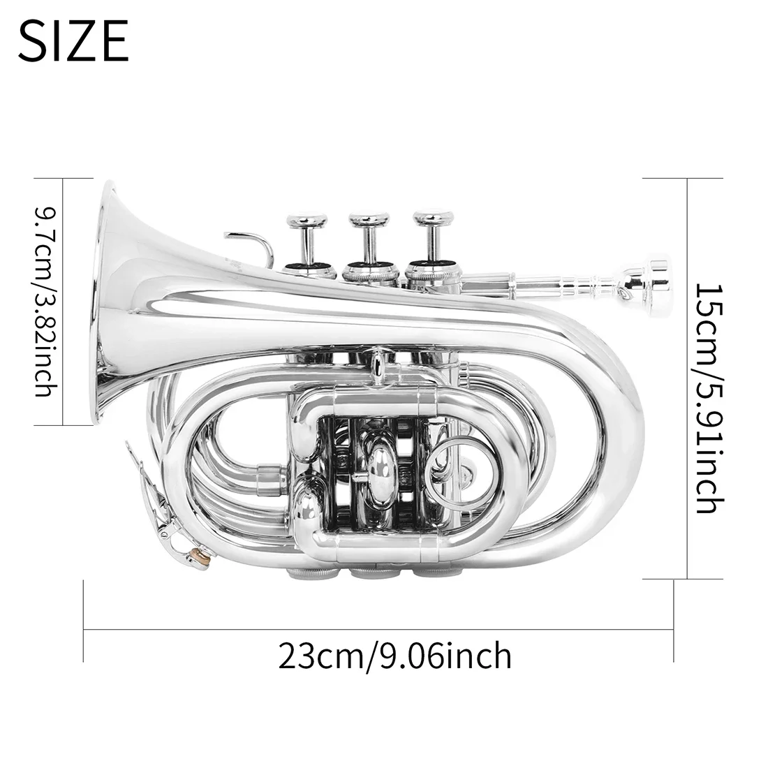 Pocket Trumpet B flat Palm Number Silver for Beginner Students with Blow Nozzle 7C Cleaning Kit Gloves Box Brass Accessory