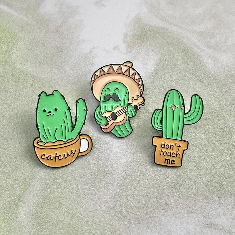 Cute Cactus Enamel Pins Custom Don't Touch Me Brooches Lapel Badges Green Plants Guitar Concert Funny Jewelry Gift for Friends images - 6