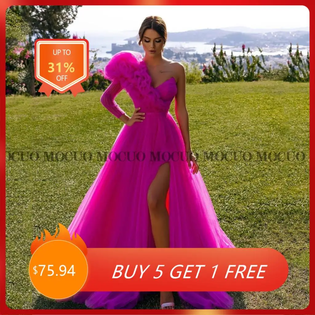

Pretty Fuchsia Tulle Prom Dresses One Shoulder Long Sleeve Handmade Ruffles High Split Women Evening Pageant Gowns