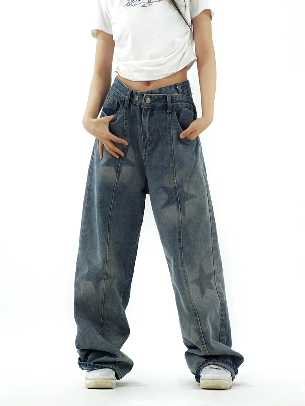 

Baggy Jeans Women Y2k Vintage Streetwear Star Graphic Trousers Autumn Fashion Winter Street Blue Big Size Wide Leg Denim Pants
