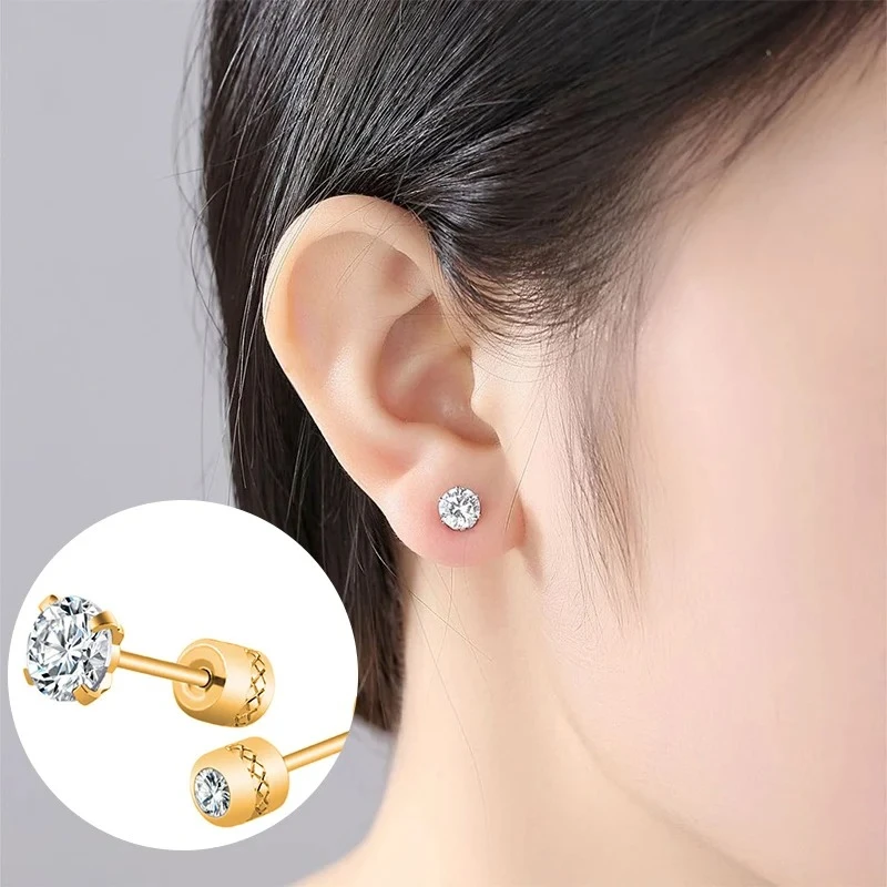 2Pcs Medical Stainless Steel Crystals Stud Earrings Screws Piercing Tragus Cartilage Ear Studs Earrings for Men Women Jewelry 4
