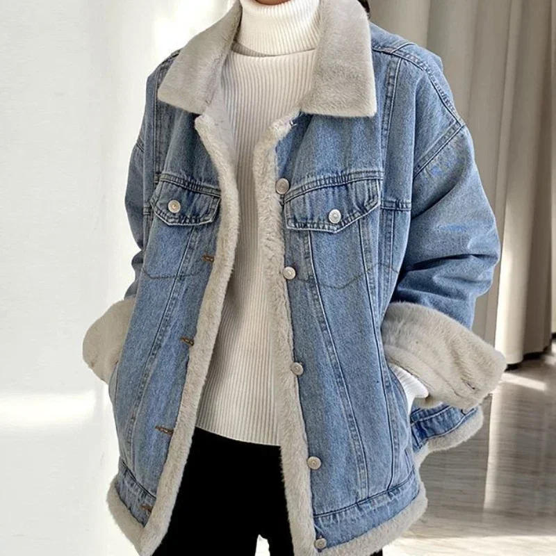 Outerwear Wool Inside Patchwork Padded Denim Jacket for Women