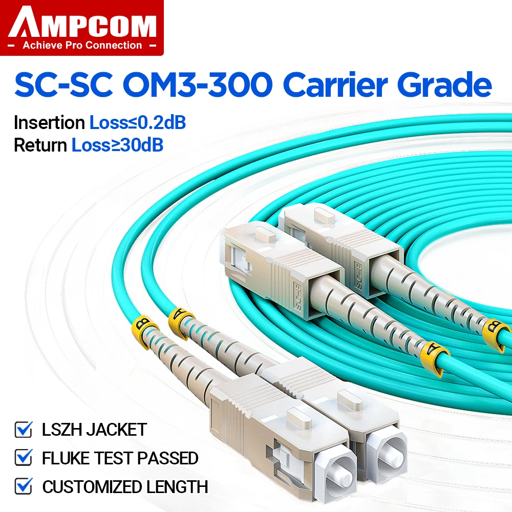 AMPCOM SC to SC UPC OM3 Fiber Optic Patch Cable Multi Mode Duplex, 50 ...