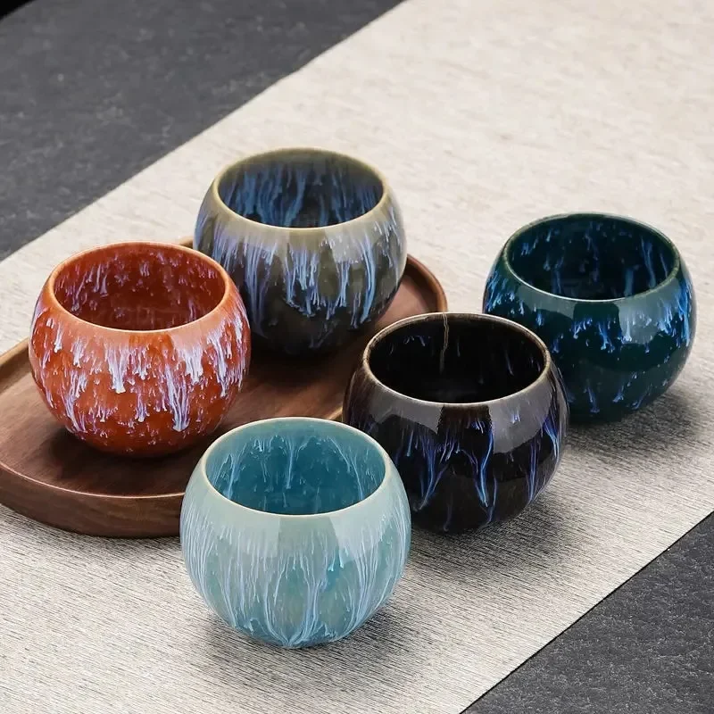1set 5pcs Dragon Eggs Teacup Kiln Variations Teacup Home Ceramic Tea Set Master Cup Kung Fu Tea Bowl Business Gift Drinkware