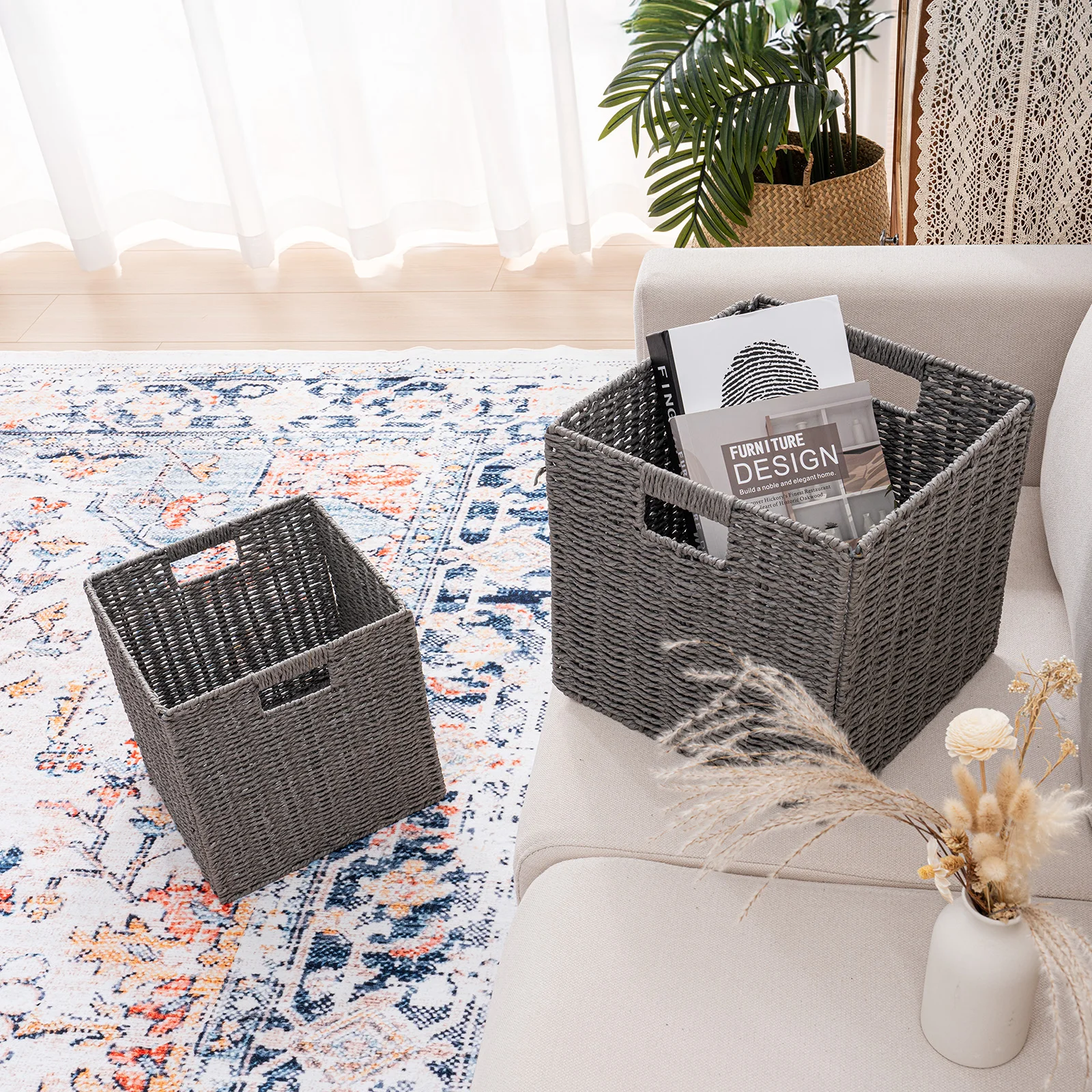 Wicker Storage Baskets, Set of 2 Hand-Woven Storage Baskets for Shelves with Handles, Foldable Cube Storage Baskets Bins Organizer 13 inch Large Wicker Baskets for Pantry Bedroom Decor, Brown 3