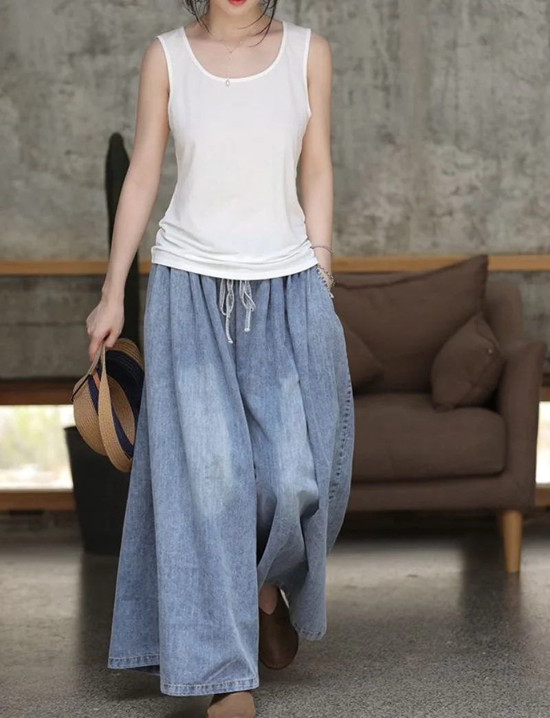 Spring Summer Cotton 2023 Denim Loose Wide Leg Pants Women High Waist Vintage Retro Pants Female Trousers Vintage Clothes
