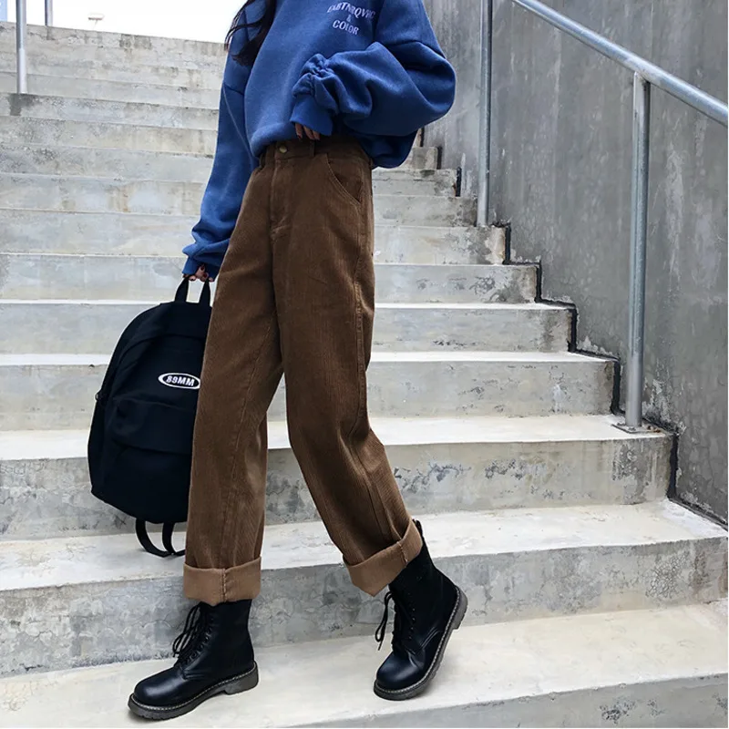 2021 Spring High Waist Corduroy Pants New Women Winter Wide Leg Trousers Casual Harajuku Long Pants Loose Trousers Streetwear