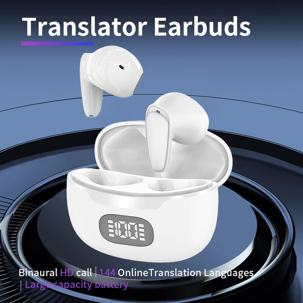 144 Languages Real Time Translator Earbuds Wireless Bluetooth-Compatible 5.1 Two-Way Translator Headset IPX6 Waterproof
