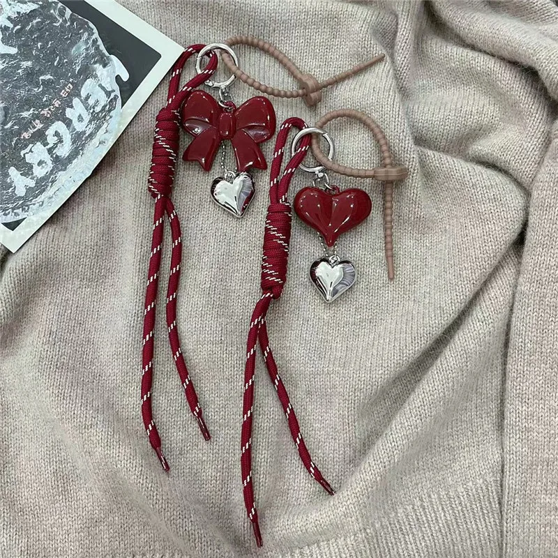 Fashionable Heart Leather Rope Keychain Handmade Y2K Bag Pendant Ornaments Cherry Bow Mobile Phone Lanyard Gifts