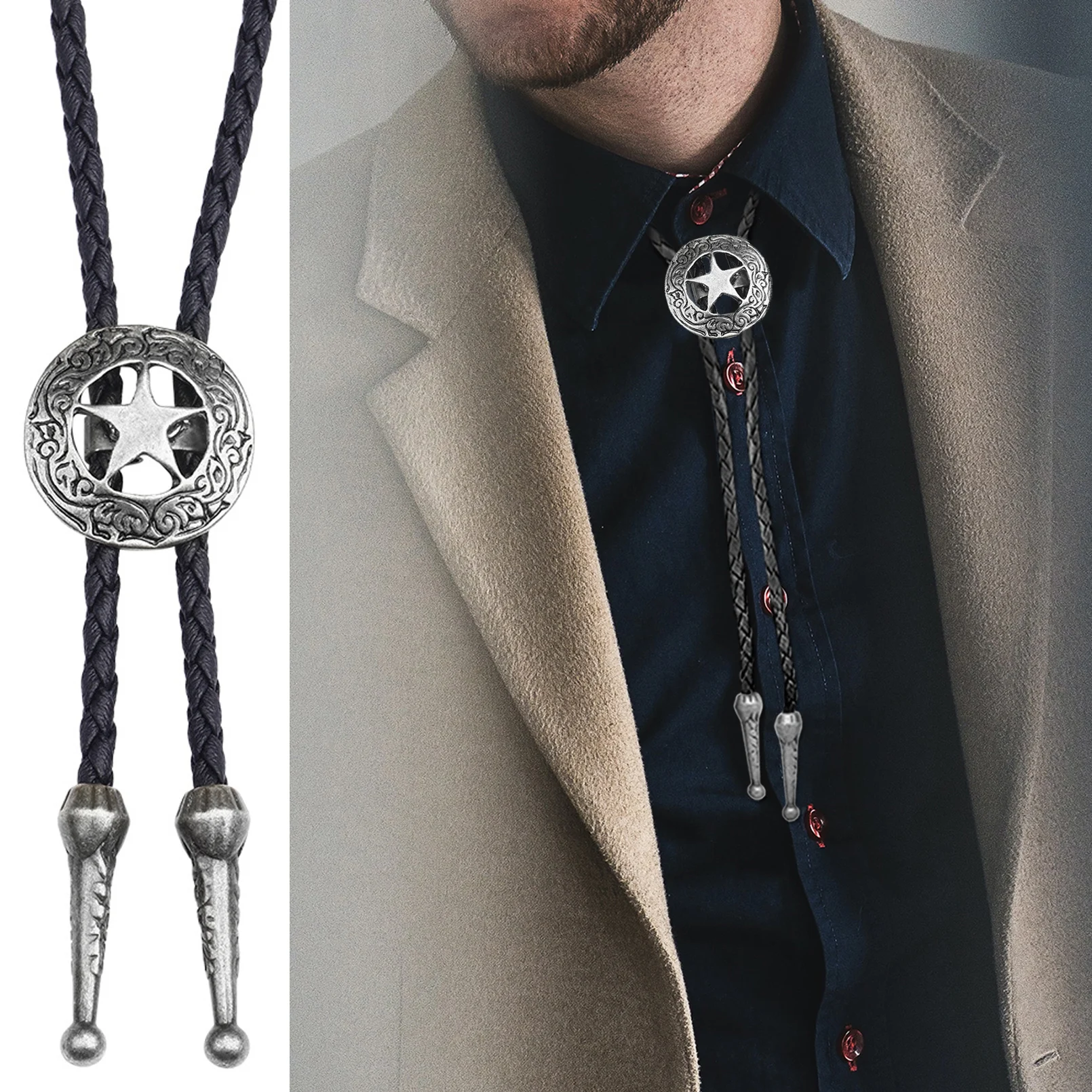 Western Cowboy Bolo Tie Rodeo Tanzkrawatte Kunstleder Runder Pentagramm-Anhänger Halskette Schmuck Accessoires Persönlichkeitsgeschenk
