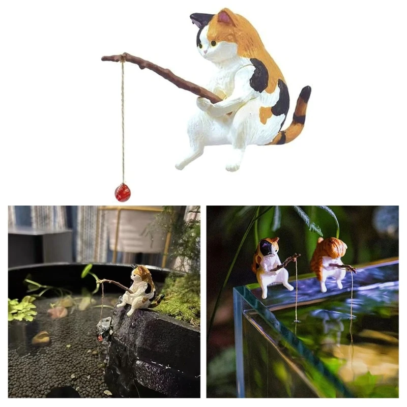 Fishing Cat Ornaments Aquarium Decoration Fish Landscaping Cartoon Cat Statue Mini Resin Figurine Home Decorations aquarium ornaments
