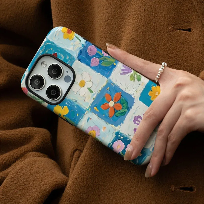 Elegant Floral Matte Grid Shockproof Phone Case with 2-in-1 Design