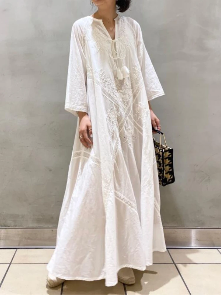 

Women's Summer Dress 2022 Loose Embroidered White Lace V-Neck Long Beach Dress Elegant Dress Holiday Women's White Dress