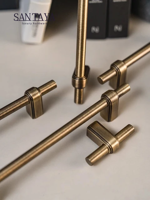 Santaya ทองเหลืองตู้จับและลูกบิดลิ้นชัก T บาร์ห้องนอนห้องครัวจับฮาร์ดแวร์/ลิ้นชักดึง Antique Bronze 1