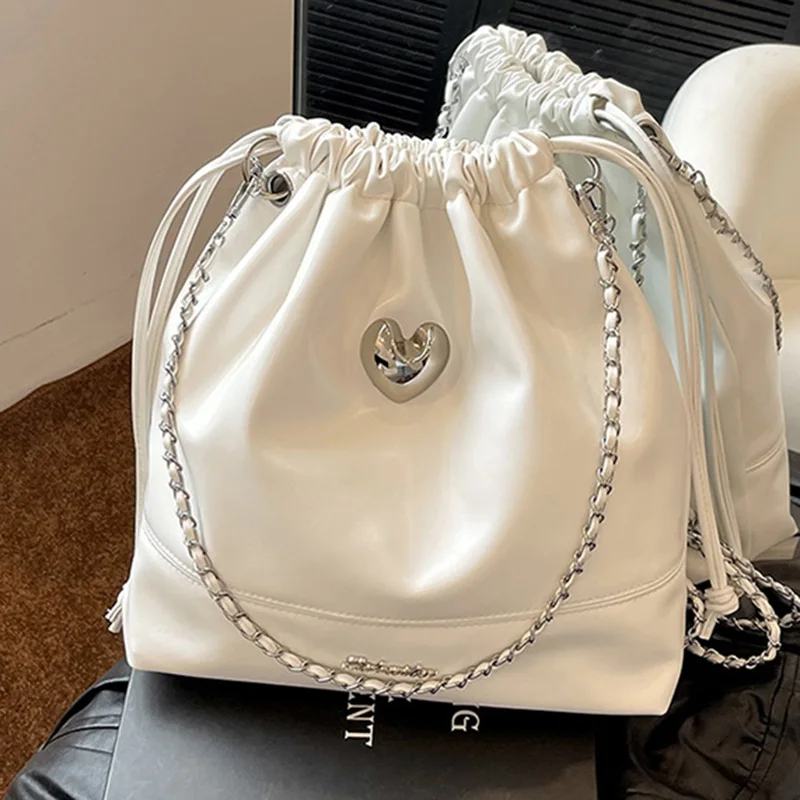 CHANEL Chanel drawstring shoulder one bag white gold metal fittings G leather  handbag ladies